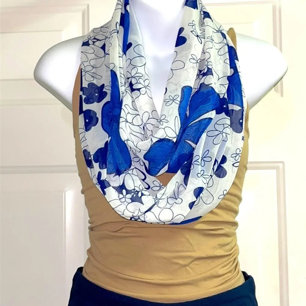 Reversible Blue and White Floral Infinity Scarf